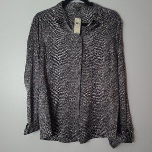 NWT Ann Taylor Black/White Silky Retro Y2K Long Sleeve Button Down Blouse - 14